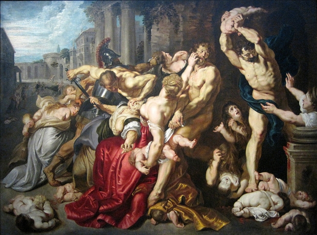 « Le Massacre des Innocents », huile sur bois (Hauteur. 142 cm ; largeur. 182 cm) d’après Pierre Paul Rubens vers 1610-1612, appartenant aux musées royaux des beaux-arts de Belgique de Bruxelles. - Inv. 3639, photographiée lors de l’exposition temporaire « Rubens et son Temps » au musée du Louvre-Lens.